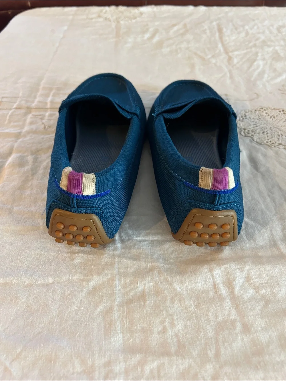 Rothy's Teal Canvas Penny Loafers with Purple Heel Accent sz 7.5 - Picture 3 of 6